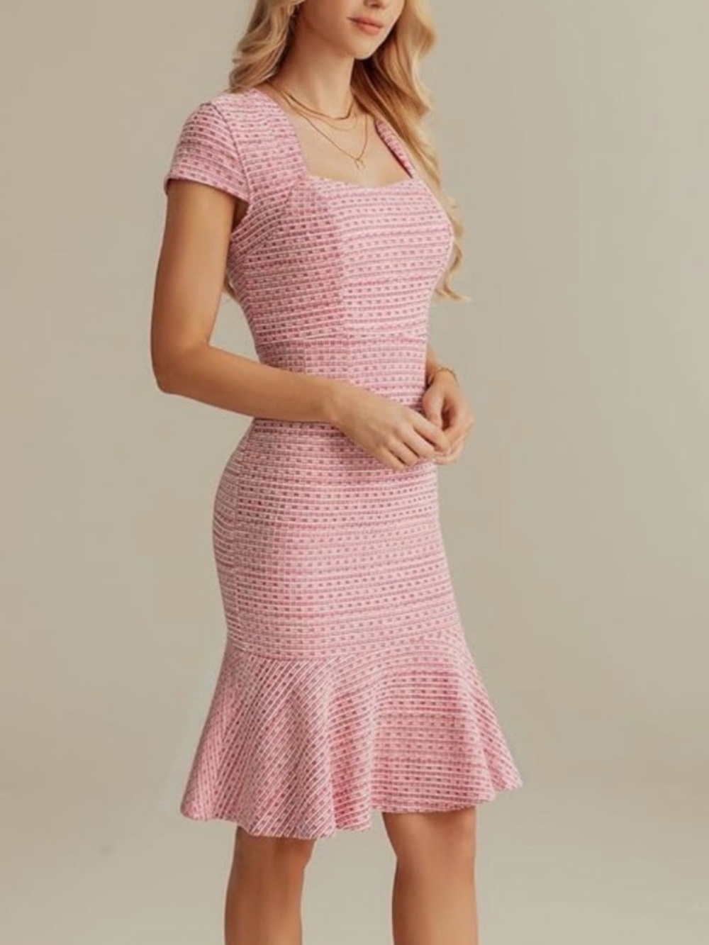 Grace Karin Pink Tweed Cap-Sleeve Midi Dress with Flared Hem Size S